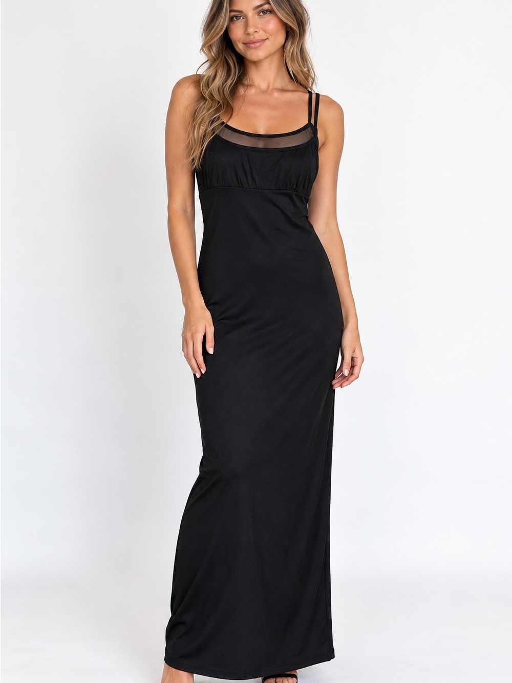 Vintage City Triangles Black Maxi Dress L Y2K Mesh Strappy Slip 90s Goth